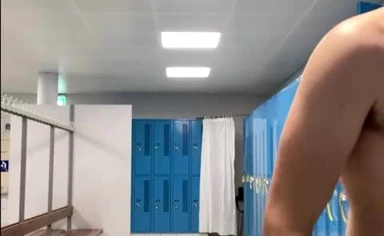 wanking my big cock in the public gym locker room