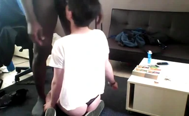 Black femboy sucks and fucks interracially